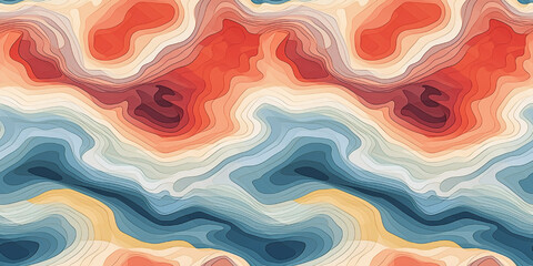 Fototapeta na wymiar Color topographic map with a repeating seamless pattern. Abstract background with red, blue and yellow waves.