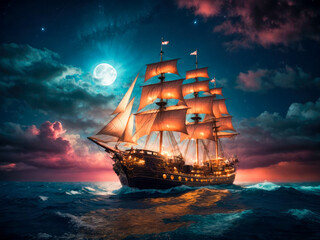 Fototapeta premium in the dark of night, a tall sailing ship sails across moonlit seas, clouds, moon, stars, colorful. takenneon light