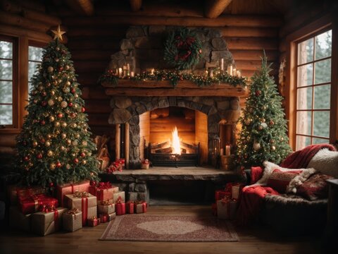 fireplace with christmas decorations in a cozy log house cabin