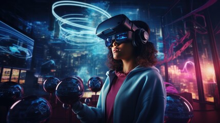 virtual reality (VR) world, with individuals immersed in a digital landscape, highlighting the potential of AI and technology to transform entertainment, education, and training.