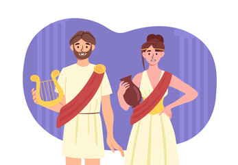 People greeks concept. Man and woman with amphora and harp. History, traditions and culture. Young guy and girl in ancient clothes. Poster or banner. Cartoon flat vector illustration