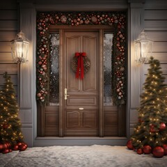 Main door to the luxury house with christmas decoration, beautiful festive entrance, modern and elegant door, Winter time, Mockup
