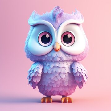 Cute pink violet fluffy pastel happy owl with big eyes standing and looking at the camera. Cartoon style character bird on pastel pink background.