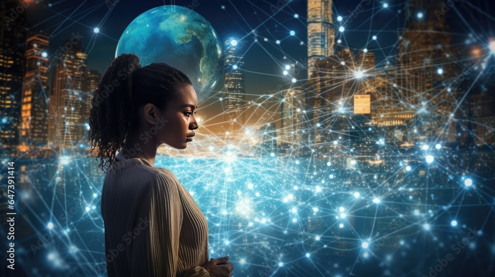 Poster data streams and digital information connecting people and devices across the world, symbolizing the