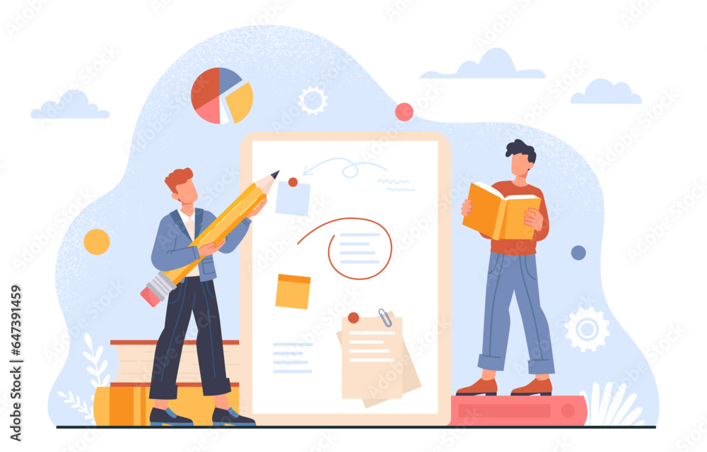Poster research paper concept. men with large pencil make notes. planning and setting goals and tasks. orga