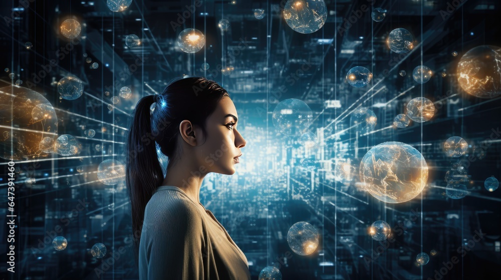 Poster data streams and digital information connecting people and devices across the world, symbolizing the