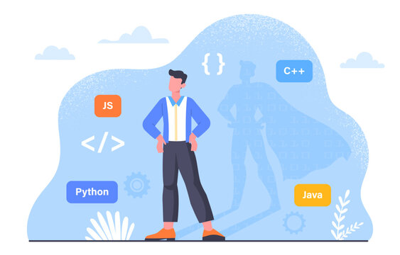 Programmer with computer languages concept. IT specialist and developer develop software, mobile applications and programs. Man with Python and Java. Cartoon flat vector illustration