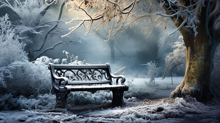 Frost etching tales of yesteryears onto a garden stone bench,