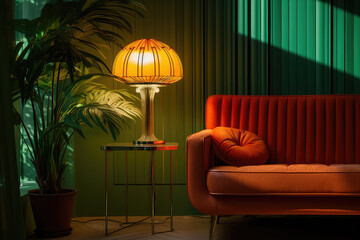 Luxury Interior. Living room art deco apartment house interior with sofa, lamp, and plants.