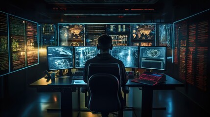 portrays a hacker in a dimly lit room, surrounded by digital screens, attempting a cyberattack, emphasizing the importance of cybersecurity measures in protecting sensitive data.