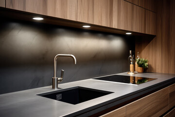 Concept of Black and white interior color scheme, minimalist design. Kitchen room interior with cupboard, window, electric cooker, grey wall, sink, liquid soap and concrete floor.