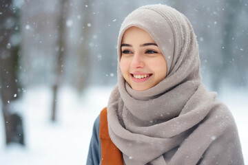 Winter Veil: Hijabi Woman in Snowy Landscape