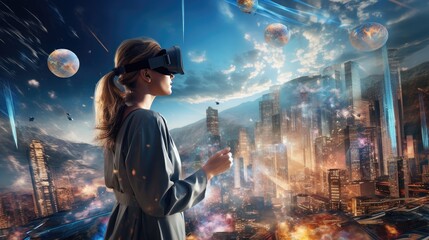 virtual reality (VR) world, with individuals immersed in a digital landscape, highlighting the potential of AI and technology to transform entertainment, education, and training.