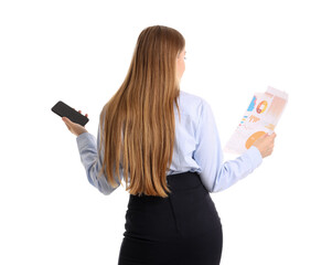 Young businesswoman with papers and mobile phone on white background, back view