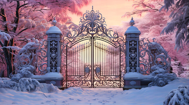 Snow hugging the ornate curves of a garden wrought iron gate