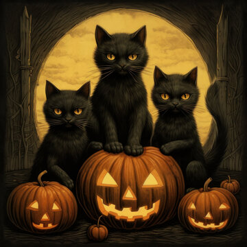 Halloween vintage style art of pumpkins and three black cats sitting. Greeting card or poster with orange pumpkin lantern, glowing Jack-o-lanterns. Clip art for holiday events.