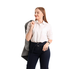 Pretty young businesswoman with suit over shoulder isolated on white background