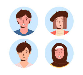Set of users avatars concept. Men and women from different cultures and ethnicities. Interface for social networks and messengers. Cartoon flat vector collection isolated on white background