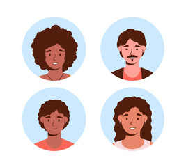 Set of users avatars concept. Men and women from different cultures and ethnicities. Tolerance and friendship. Template, layout and mock up. Cartoon flat vector collection isolated on white background