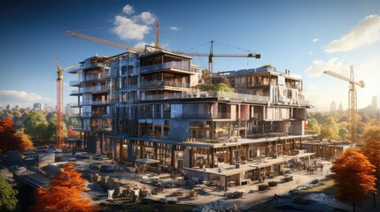 Fototapeta premium Construction site with tower crane and excavator Residential building construction