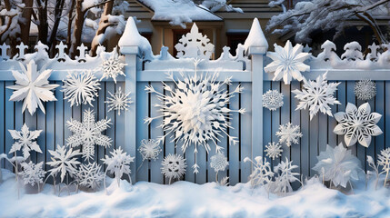 Snowflakes playfully adorning the tops of a garden picket fence