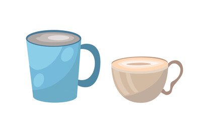 Set of cups concept. Pack of colorful mugs for hot drinks. Tea or coffee. Dishware and kitchen utensil. Poster or banner. Cartoon flat vector collection isolated on white background