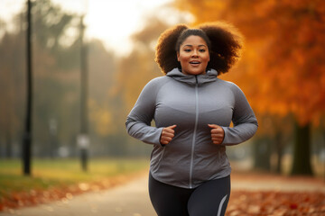 Autumn Workout: Plus Size Woman Jogging in the Park