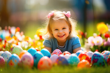 Fototapeta na wymiar Easter Delight: Happy Kid in Sunny Meadow