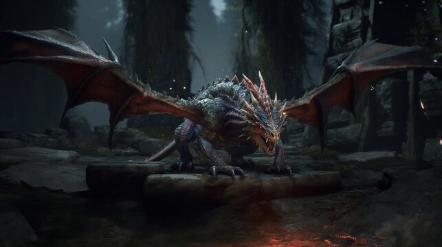 An angry dragon spreads its wings AI generative
