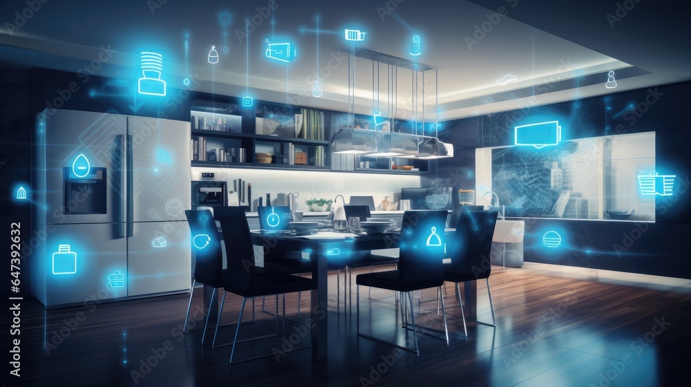 Poster smart home environment with interconnected devices, showing the convenience and challenges of the in