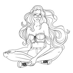 Fashion Girl Seated Pose Line Illustration
