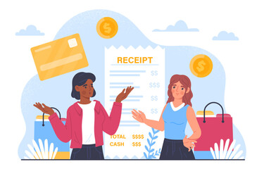 Women with shopping list concept. Young girls near bag, bank card, golden coins and receipt. Fashion and trend. Commerce and cashless transactions, transfers. Cartoon flat vector illustration