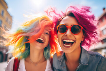 Cheerful Women Embrace Colorful Hair