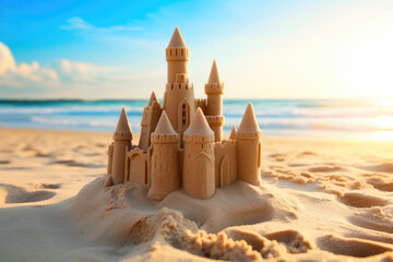 Fototapeta na wymiar Beachfront Beauty: Sunlit Sandcastle Scene