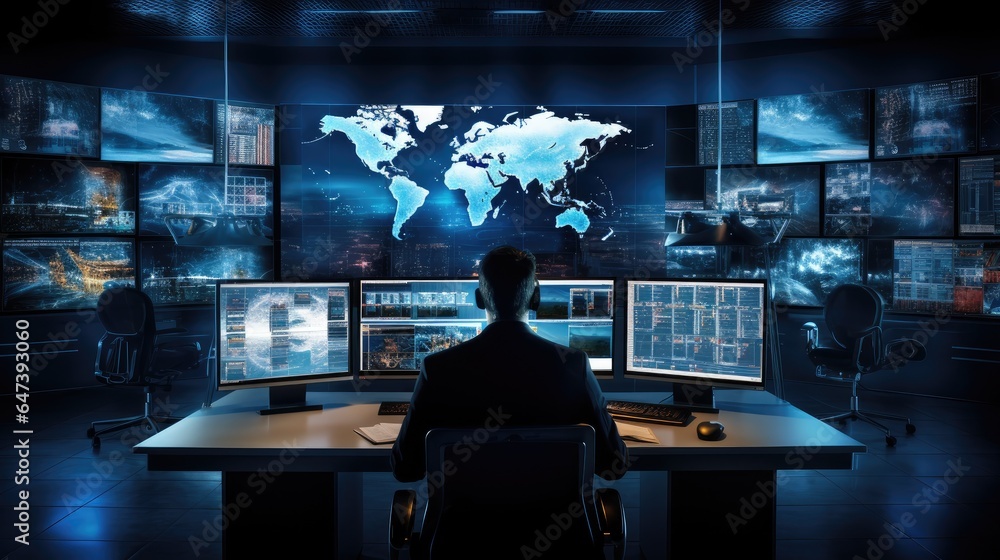 Poster portrays a hacker in a dimly lit room, surrounded by digital screens, attempting a cyberattack, emph