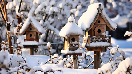 Snow creating a serene backdrop for a garden's wooden birdhouse