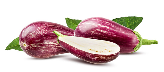 Eggplants with leaves isolated on white background with clipping path