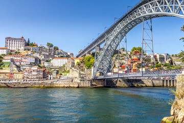 View of Ribeira, the Dom Luis bridge and the Douro river in Porto, Portugal