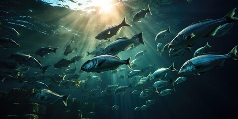 Fototapeta na wymiar Large school of various fish, underwater sea shot from below. Generative AI