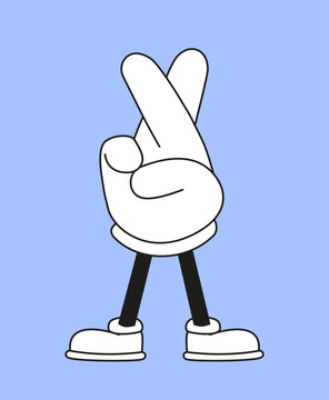 Retro hand sticker concept. Back to 80s and 90s. Character with crossed fingers. Emotions, feelings and gestures. Social media sticker. Cartoon flat vector illustration isolated on blue background