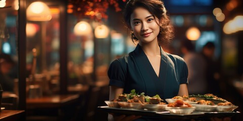 Obraz na płótnie Canvas Beautiful woman waitress in an Asian restaurant close-up. Generative AI