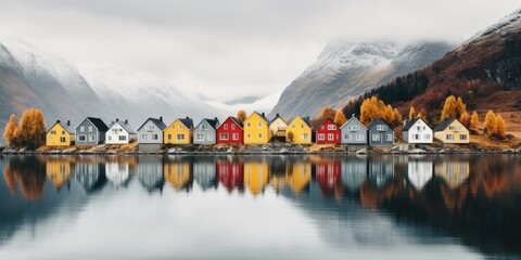 Yellow, red houses by the lake, Scandinavian style. Image for poster. Generative AI - obrazy, fototapety, plakaty
