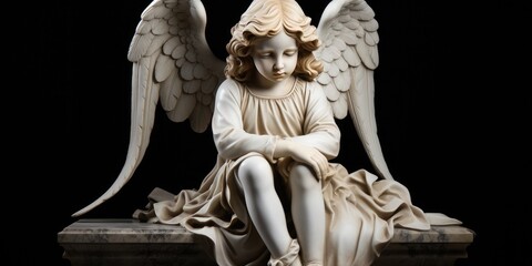 A statue of a small sad angel sitting on a stone on a black background. Space for your text. The concept of losing a person, a child.