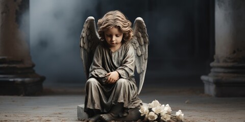 Sculpture of a sad angel on a black background, religious statue, monument. Generative AI  - obrazy, fototapety, plakaty