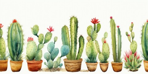 many cacti in pots on white background. Watercolor. Generative AI