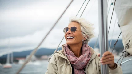 Rolgordijnen An elderly lady enjoying herself while sailing © Mystikal Forest