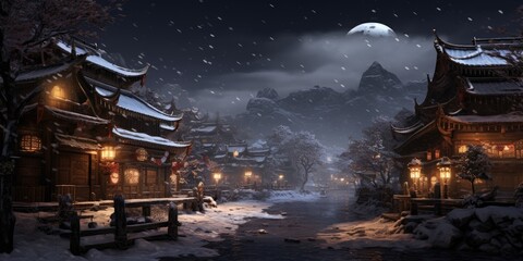 Beautiful winter landscape with an old pagoda in Asian style. Generative AI