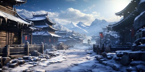 Fototapeta na wymiar Beautiful winter landscape with an old pagoda in Asian style. Generative AI