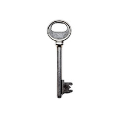 A shiny metal key on a clean white background