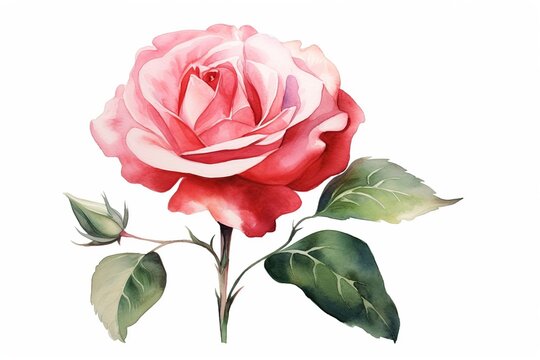 Watercolor red rose on white background